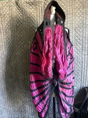 Hand Crafted Pink & Black Hooded Draped Cape 100%Painting silk and 100%wool